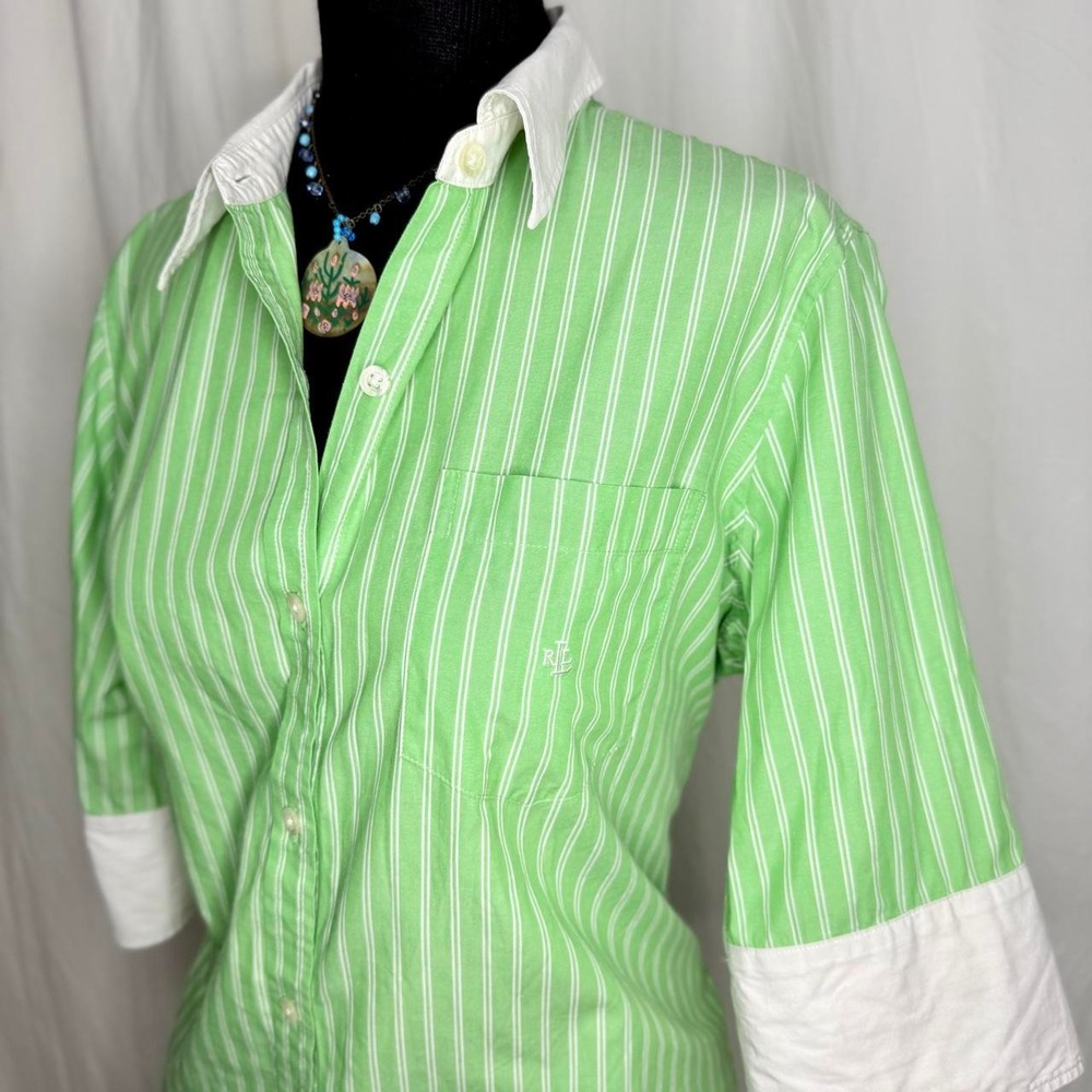 Lauren Ralph Lauren Green Striped Contrast Cuff Button-Up Shirt- L - Picture 2 of 8